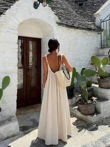 ALA 女士夏季法式度假风流苏贝壳装饰露背宽松飘逸吊带裙，简约优雅波西米亚休闲风夏季穿搭，适合外出、约会、海滩度假、派对等场合。 - 淺灰色 - 查看 3