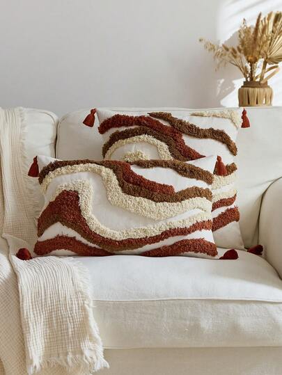 1pc Orange Marble Velvet Embroidered Throw Pillow Cover, Bohemian Geometric Pattern Cushion Cover, Suitable For Indoor Decor, All Season Tasseled Decorative Pillow Sham, Pillow Insert Not Included