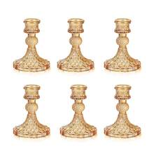 12 Pack Glass Candlestick Holder, 4" H Stripe/Dimond Crystal Candle Holders, Crystal Decorative Candle Stand, Clear/Amber Taper Candle Holders Bulk For Table Centerpiece Decor, Valentine's Day, Wedding, Dining Party, Gift - Amber Dimond - 查看 12