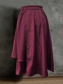 French Fashion Women's New Vacation Style Unique Asymmetric Skirt, Loose Korean Style A-Line High Waist Pleated Skirt, Elegant Skirt - Burgundy - View 2