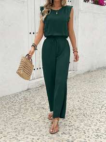 Ruffled Sleeve Co - Ord Set Textured Top Drawstring Wide - Leg Pants Boho Chic Outfit - 軍綠色 - 查看 8