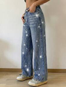 2026春季女式高腰喇叭水钻牛仔裤，时尚蓝色阔腿亮面牛仔裤，适合夜店和外出穿着，Y2K美学 - 中等水洗藍 - 查看 8