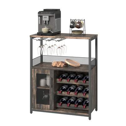 3-Tier Wine Bar Cabinet With Detachable Wine Rack And Storage Space, Buffet Cabinet With Glass Holder And Mesh Door, For Kitchen, Living Room And Bar, Light Gray