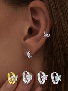 1对S925纯银蝴蝶耳环，镶嵌奢华闪亮立方氧化锆石耳钉，日常佩戴，送给女友、母亲、姐妹的最佳礼物 - 單隻 - 查看 10