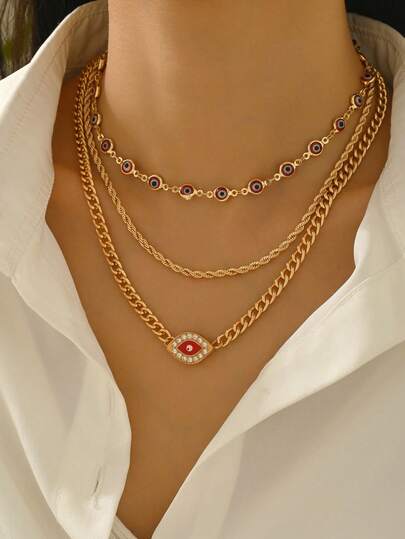 3pcs/Set Fashion Devil's Eye Metal Chain Necklace Set, Minimalist Choker Necklace For Women, Suitable For Daily Wear, Shopping, And Gatherings. Handmade Chain Can Be Customized In Length, Bead Quantity Not Fixed