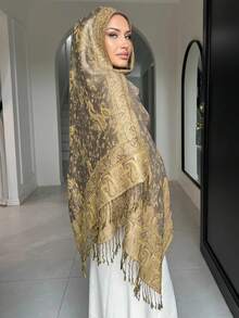1件波西米亚风女士精致奢华佩斯利提花羊绒混纺围巾/披肩，适合秋冬季凉爽的早晚使用。 - 卡其色 - 查看 3
