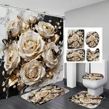 1pc/3pcs/4pcs Elegant Platinum Floral Multi-Function Bathroom Decor Shower Curtain Set, Free 12 Hooks Included, Luxury Holiday Vibe, Bathroom Mat, U-Shaped Mat And Round Toilet Mat, Suitable For All Scenarios - B - View 1
