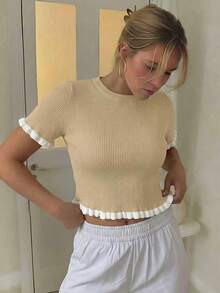 Women's Elegant Holiday/Graduation Knit Top, Casual Short Sleeve Cream Yellow Ruffle Hem Knit Pullover Sweater, Summer - Khaki - View 4
