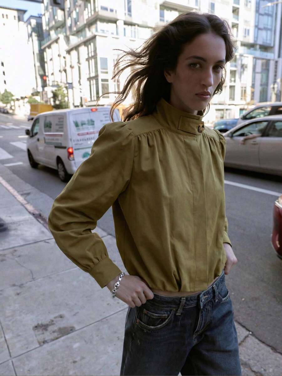 女款優雅素色立領鈕扣開襟輕量外套，秋季戶外穿著上衣 - 軍綠色 - 查看 1