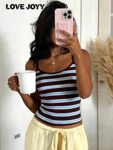 LOVE JOYY Women's Brown & Blue Striped Fitted Cropped Camisole, Casual Retro Basic, Suitable For Spring/Summer Daily Wear And Layering - Multicolor - View 1