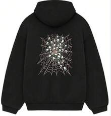 Men's And Women's Graphic Hoodie, Spider Graphic Man Hoodie,Along With Illustrations Of Skulls, And A Spider Web, Fashionable Men's  Hoodie, Surprise Gift For Friends And Family, Knit Fabric, For Autumn And Winter - 黑色12 - 查看 1