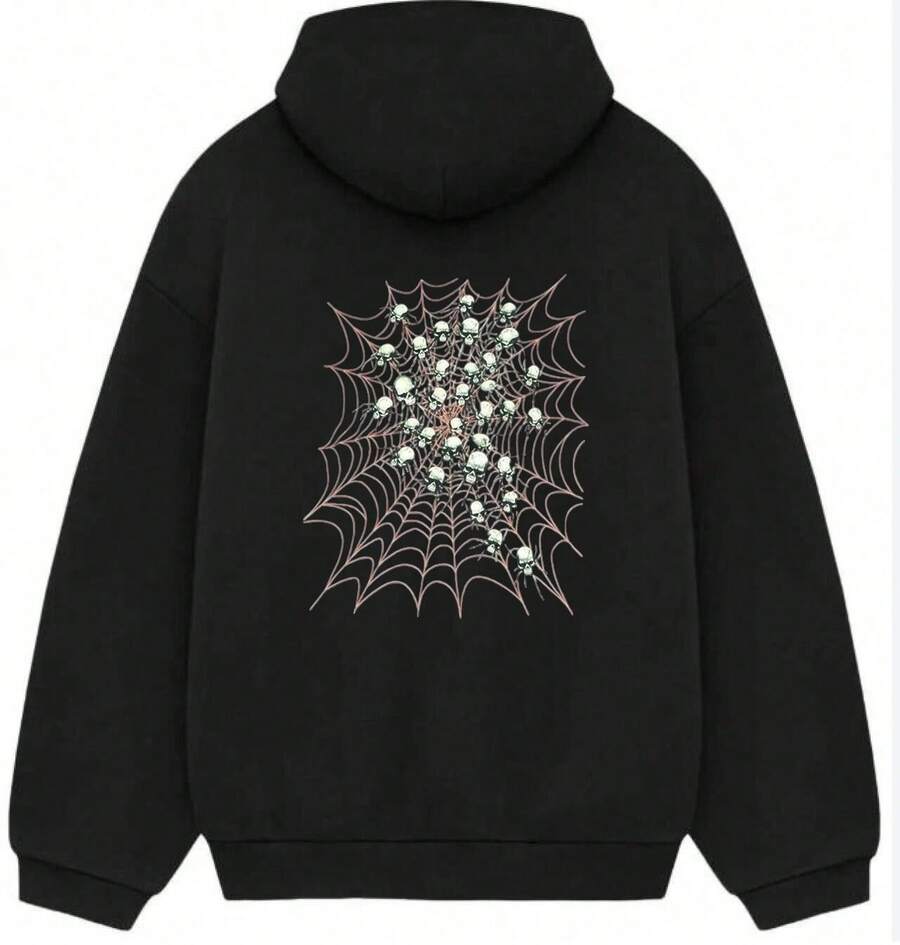 Men's And Women's Graphic Hoodie, Spider Graphic Man Hoodie,Along With Illustrations Of Skulls, And A Spider Web, Fashionable Men's Hoodie, Surprise Gift For Friends And Family, Knit Fabric, For Autumn And Winter - 黑色12 - 查看 1