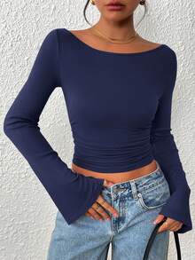 Women's Spring Fall Long Sleeve Shirts Crop Going Out Tops Casual Boat Neck Bell Sleeve Ribbed Ruched Y2K Clothes - Navy Blue - View 2