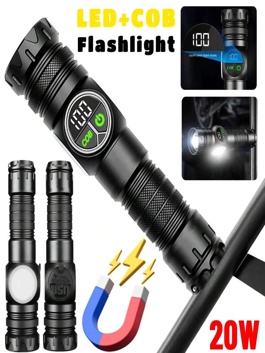 2/1件装耐用型变焦数字显示功率计手电筒，带COB侧灯，快速充电，防水，远射程照明。适用于徒步旅行、登山、车库维修以及各种场景下的家庭应急照明。 - 黑色的 - 查看 1