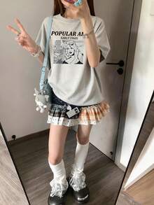 1pc Women's Casual Loose Fit Anime Print Cute Graphic T-Shirt, Versatile Round Neck Top, Spring/Summer 2026 - Light Gray - View 1