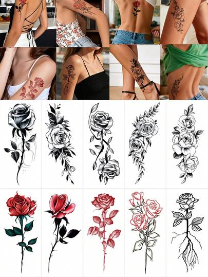 STARTTOOS 花卉临时纹身贴纸，性感热情的玫瑰花Y2K设计，DIY狂欢节、情人节、派对礼物，适用于手腕、脚踝、肩膀、脖子、锁骨，防水逼真纹身贴纸