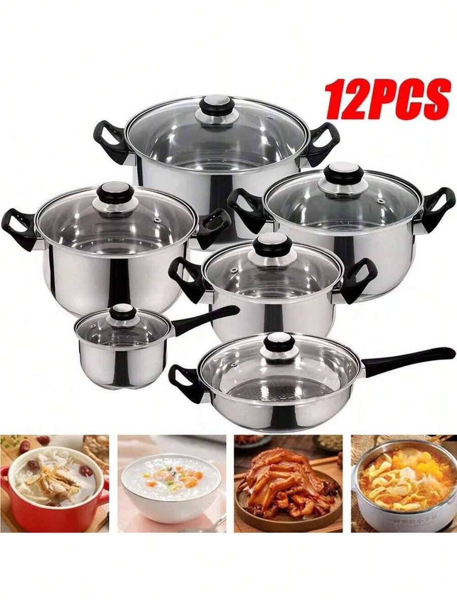 12pcs Stainless Steel Cookware Set Non-Stick Cooking Pot Pan With Glass Lids Ergonomic Handle Kitchenware Suit For Home Kitchen Cooking 3-Day Delivery - Silver - View 1