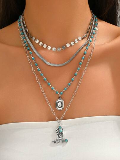 4pcs/Set Vintage Western Cowboy Style Layered Necklace Set, Unique Personalized Hat, Boots Accessories Decorative Choker Necklace, Suitable For Daily Wear And Party/Music Festival, Adjustable Chain Length