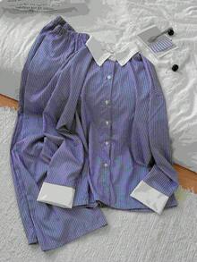 Nina Bonheur 2pcs Women Striped Button-Front Long Sleeve Pajama Set + Drawstring Waist Pants, Cute Sleepwear Suit - Blue - View 11