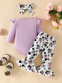 HAO6 Baby Mädchen Neugeborene Frühling/Sommer Set mit rundem Ausschnitt, Langarm, süßem Kuh-Muster, Kuh-Muster Schlaghose, bequemes, atmungsaktives Outfit für Baby Mädchen - Violett - Übersicht 2