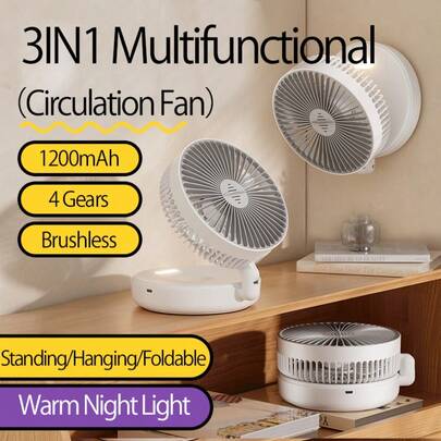 2026新款多功能桌面循环扇，无需钻孔即可壁挂 | 可折叠 | 桌面式，配有隐形壁挂挂钩，90°可调节，包含可调节氛围夜灯，Type-C充电接口，简约风格，便携式桌面风扇，适合家庭、办公室和户外使用。 妇女节、旅行必备、婚礼回礼、Y2K、卧室、女性汽车配件、厨房装饰、可爱小物