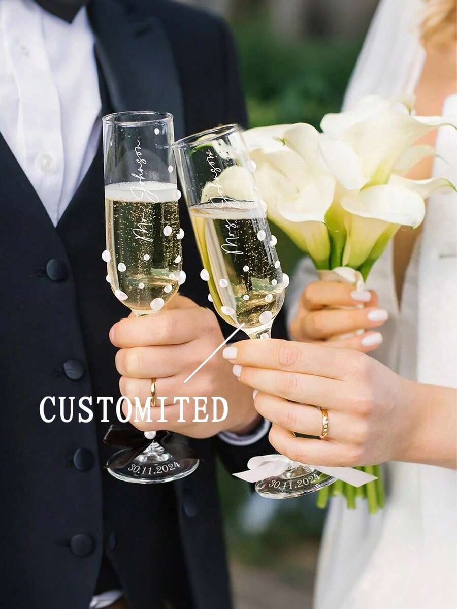 Personalized Bride Champagne Flute, Faux Pearl & Crystal Glass Stemware, Happy Birthday Champagne Flute, Customizable Bride & Bridesmaid Champagne Flute - Reusable & Washable, Customized Champagne Flute/Bride Bridesmaid Wine Glass/Wedding Party Cup/Wedding Supplies/Champagne Flute/Champagne Stemware/Bridesmaid/Bride/Bachelorette/Mother Of The Bride/Birthday Party - Multicolor - View 1