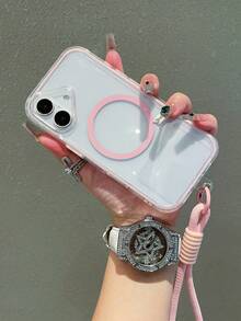 1个时尚奢华纯色磁吸透明全包手机壳，配粉色挂绳，兼容 17/17 Air/17 Pro/17 Pro Max/16/16 Pro/16 Plus/16 Pro Max/15/14/13/11/12 Pro Max，支持无线充电，防震，夏日多巴胺色 - 粉色 - 查看 2