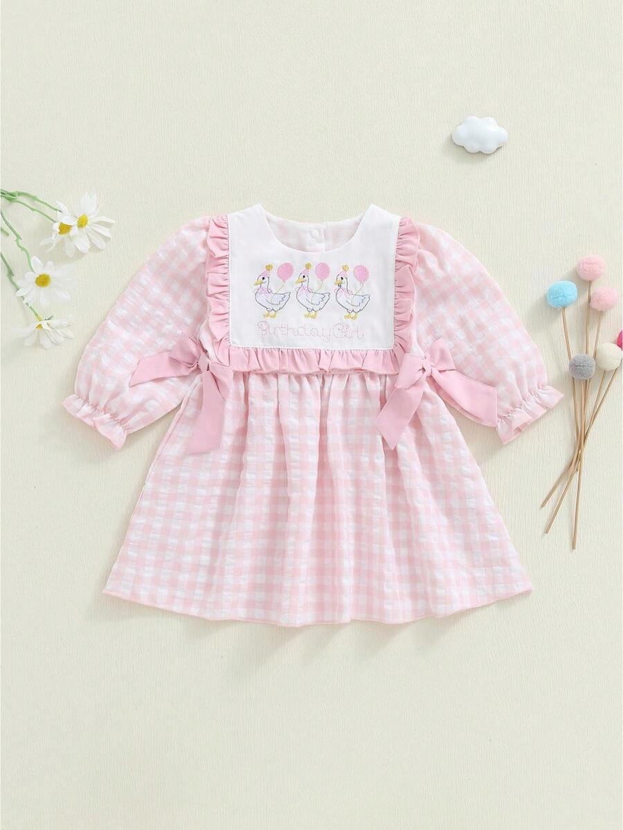 Vestido de otoño para niña pequeña, con lazos a cuadros bordados de ganso, ribete de volantes, cuello redondo, manga larga, corte A - Rosa - Ver 1