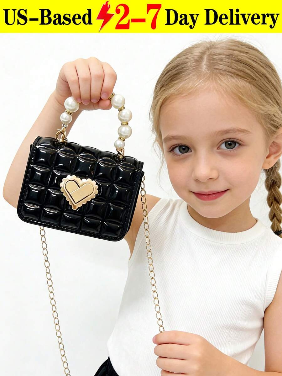Children's New Pearl Handheld Bag, Cute Pearl&Heart Decor Metal Chain Strap PU Shoulder Crossbody Bag, Flap Closure, Casual Fashion Pearl Handbag,Festival Gift PU Leather Fashion Mini Princess Handbag For Little Girls, , Elegant Little Girl's Clutch For Parties, Dress-Up & Play,Coin Purse, Mini Shoulder Bag, Fashionable Mini Sling Bag To Match Outfits And Accessories[US Local Warehouse]The Best Gift Choice, Birthday Gift - 彩色 - 查看 1