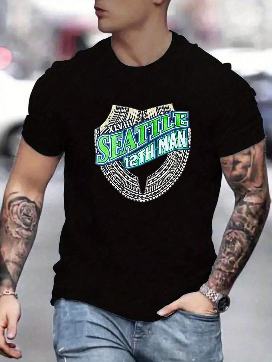 Men's SeattleSeahawks Fan Graphic Tee ,Seahawks Football T-Shirt, Cool Popular, Fashion, Gift For Football Fan, Men'S And Women's Graphic T-Shirt,Casual Sport Attire - Machine Washable, Seahawks Gift For Men - 黑色8 - 查看 1