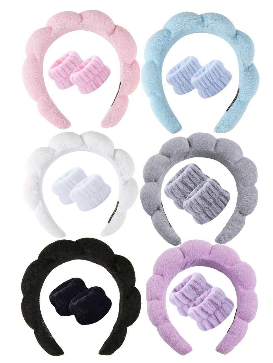 3/1pc Spa Headband And Wrist Band Set, Puffy Sponge Headband, Moisture Resistant Wrist Band, Cloud Headband, Suitable For Girls' Face Washing, Makeup And Skin Care Use, Powder Puff Makeup Headband, Facial Makeup Hair Band, Facial Mask, Skin Care - Multicolor - View 1