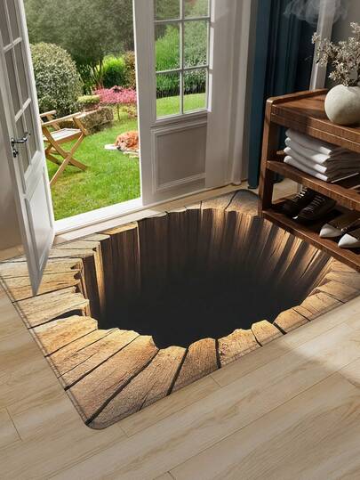 1 Stück 3D Illusions Design Fußmatte, Flanell Bodenvorleger für Wohnzimmer, Schlafzimmer, Eingangsbereich, kleiner Teppich - Tiefes antikes Holzloch