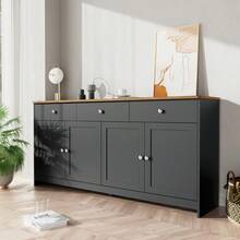 Sideboard With Gray-Black Wood Grain Four Doors Three Drawers For Living Room And Dining Room. Wood Tone And Gray-Black - Gray + Wood + MDF1 - View 2