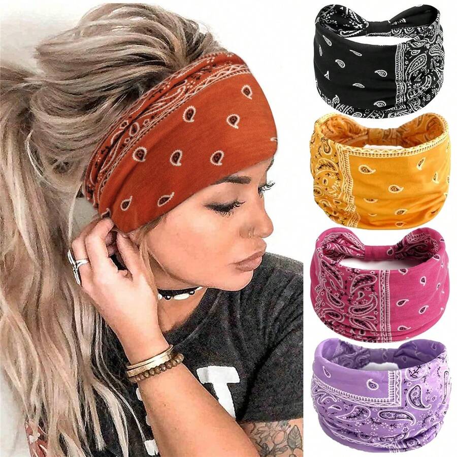 4pcs/5pcs/6PCSCashew Print Headbands For Women Wide Boho Turban Headwrap Cotton Knot Elastic Hairbands Bandeau Sport Workout Hair Accessories - Multicolor - View 1