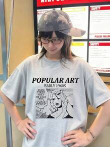 1pc Women's Casual Loose Fit Anime Print Cute Graphic T-Shirt, Versatile Round Neck Top, Spring/Summer 2026 - Light Gray - View 3