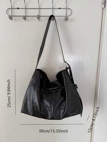 休闲超大黑色通勤手提包，柔软皮革，宽肩带，女士单肩包，小众设计 - 黑色 - 查看 8