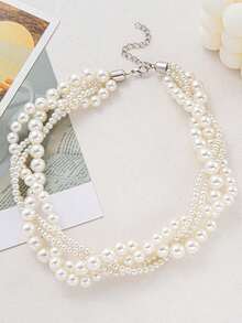 1件法式复古仿珍珠多层扭纹项链，适合作为女孩的生日、节日、圣诞节礼物 - 白色 - 查看 4