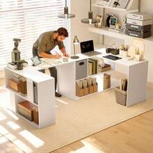 Escritorio de ordenador esquinero HOMCOM, 110 x 100 cm, en forma de L, con estante de tela y cajón, ideal para dormitorio, oficina y estudio, color blanco. - Blanco - Ver 4