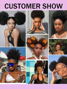 Women/Girls Short Poofy African Hairstyle Drawstring Wig, Human Hair Curly Bun Hair Accessory - Natural Black - View 6