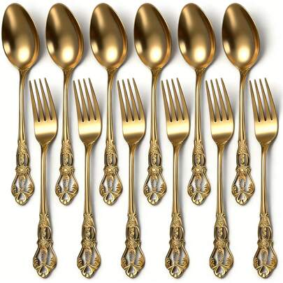 12件套皇家复古风不锈钢勺叉套装 - 高级镜面抛光，可用洗碗机清洗 - 优雅的甜点叉、勺子、咖啡勺、蛋糕叉、水果叉、搅拌勺、冰淇淋勺 - 时尚餐具，适用于家居、厨房、下午茶聚会、餐厅、情人节、母亲节、夏季派对 - 6.6英寸