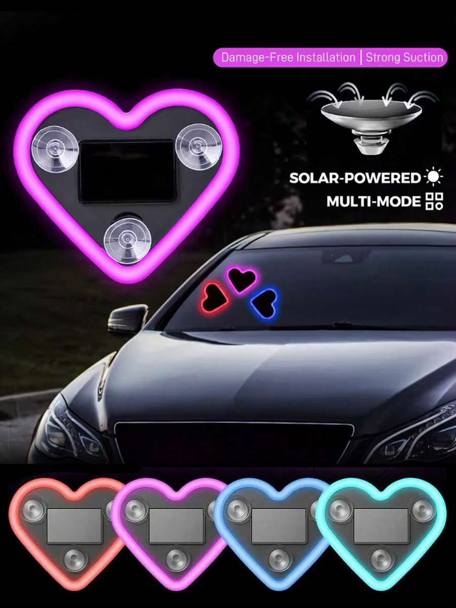 Solar Powered Car Neon Lights, Window Suction Cup LED Atmosphere Lights, Suction Cup Design Easy Installation, Romantic Atmosphere Car Decor, Solar/USB Rechargeable Neon Light Decorations - Multicolor - View 1