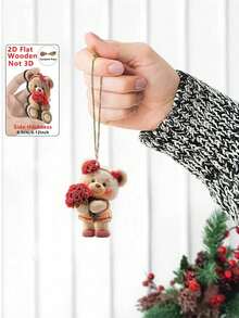 15pcs Valentine's Day Plush Bear Wooden Pendant | Cute Bear Pendant, Suitable For Home Decor, Office/Classroom Decor, Valentine's Day Party Supplies, Engagement Or Wedding Decoration, Realistic Tree-Shaped Pendant, Gift Tag - Multicolor - View 2