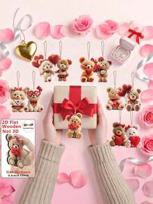 15pcs Valentine's Day Plush Bear Wooden Pendant | Cute Bear Pendant, Suitable For Home Decor, Office/Classroom Decor, Valentine's Day Party Supplies, Engagement Or Wedding Decoration, Realistic Tree-Shaped Pendant, Gift Tag - Multicolor - View 3