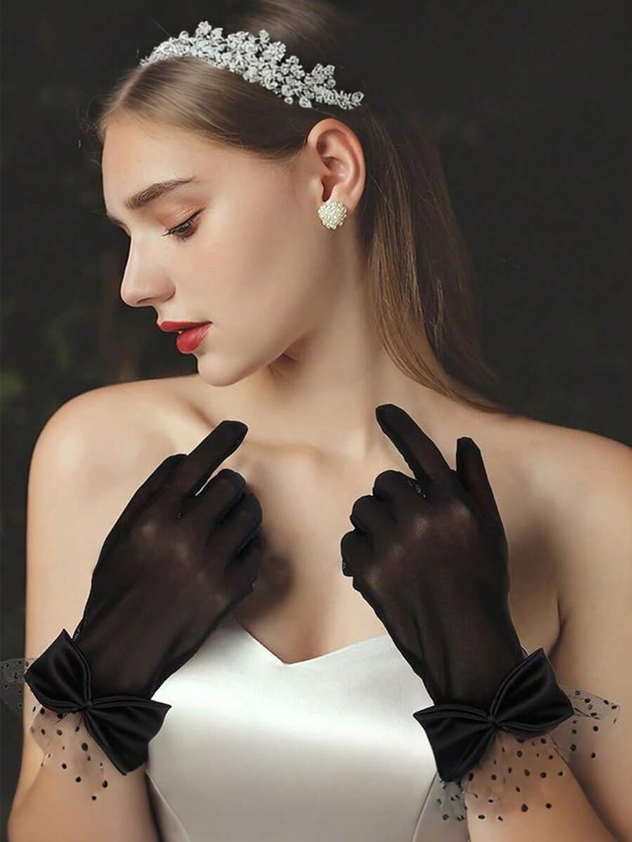 Satin Gloves Formal Bridal Banquet Party Wedding Opera Solid Colorful Mitten For Women - Black - View 1