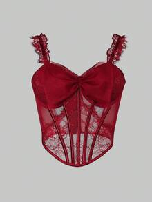 Burgundy Fishbone Underwire Cropped Top - Sexy Lace Bow Camisole Fashion Party Wear - Burgundy - View 1