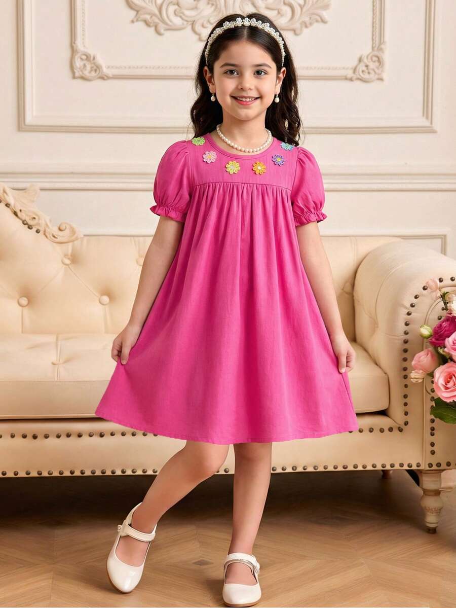 Young Girls Colorful 3D Floral Puff Sleeve Solid Ruched Denim Effect Dress - Hot Pink - View 1