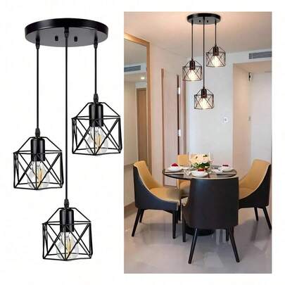 Colgante Colgante Retro Moda Metal Lámpara De Techo 3 Luces Estructura Negro