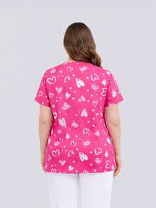 cimmuovere Plus Size Women's V-Neck Loose Short Sleeve Cute Heart Print Dual Pocket Scrubs Nurse Scrubs Workwear Dentist Healthcare Pet Hospital Laboratory Top Pink Spring - Pink - View 2