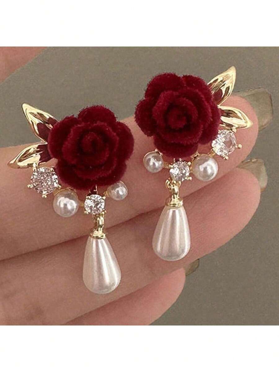 1 Pair Red Rose Faux Pearl With Rhinestone Dangle Earrings - Red - View 1