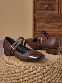 Women's 3cm Cloth Wrapped Heel Fashion Metal Patchwork Mary Jane Chunky Heel Loafers, Versatile And Elegant - 咖啡棕 - 查看 2